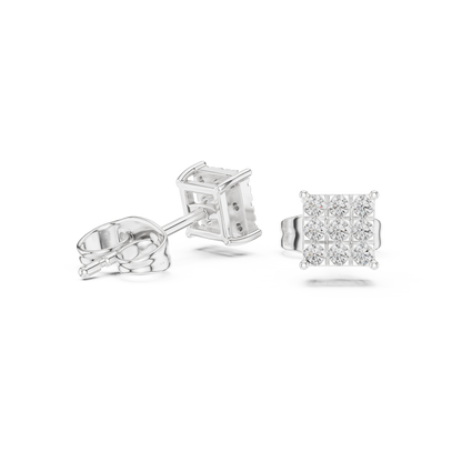 Square Diamond Stud Earrings in Silver | Pavé Cluster Studs | Minimalist Luxury Gift for Her
