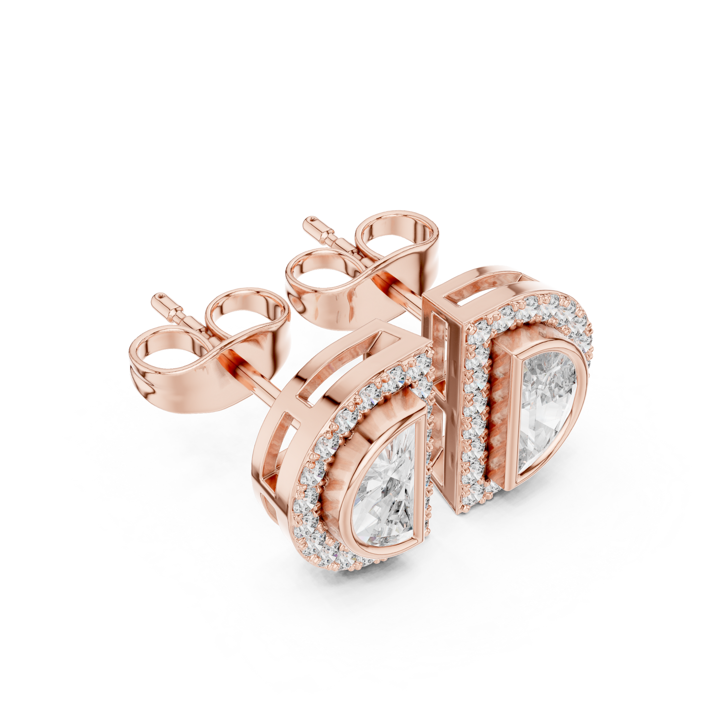 Half Moon Diamond Stud Earrings in 925 Sterling Silver | Luxury Halo Statement Studs | D-Shape Diamond Halo Stud Earrings | Modern Bridal Gold Earrings