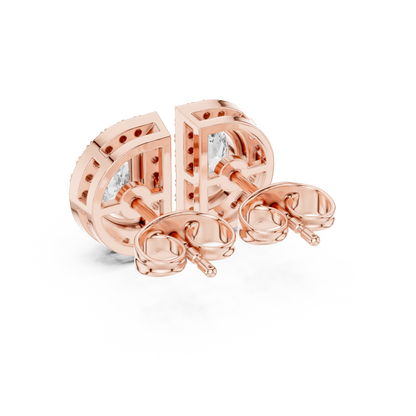 Half Moon Diamond Stud Earrings in 925 Sterling Silver | Luxury Halo Statement Studs | D-Shape Diamond Halo Stud Earrings | Modern Bridal Gold Earrings