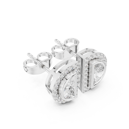 Half Moon Diamond Stud Earrings in 925 Sterling Silver | Luxury Halo Statement Studs | D-Shape Diamond Halo Stud Earrings | Modern Bridal Gold Earrings