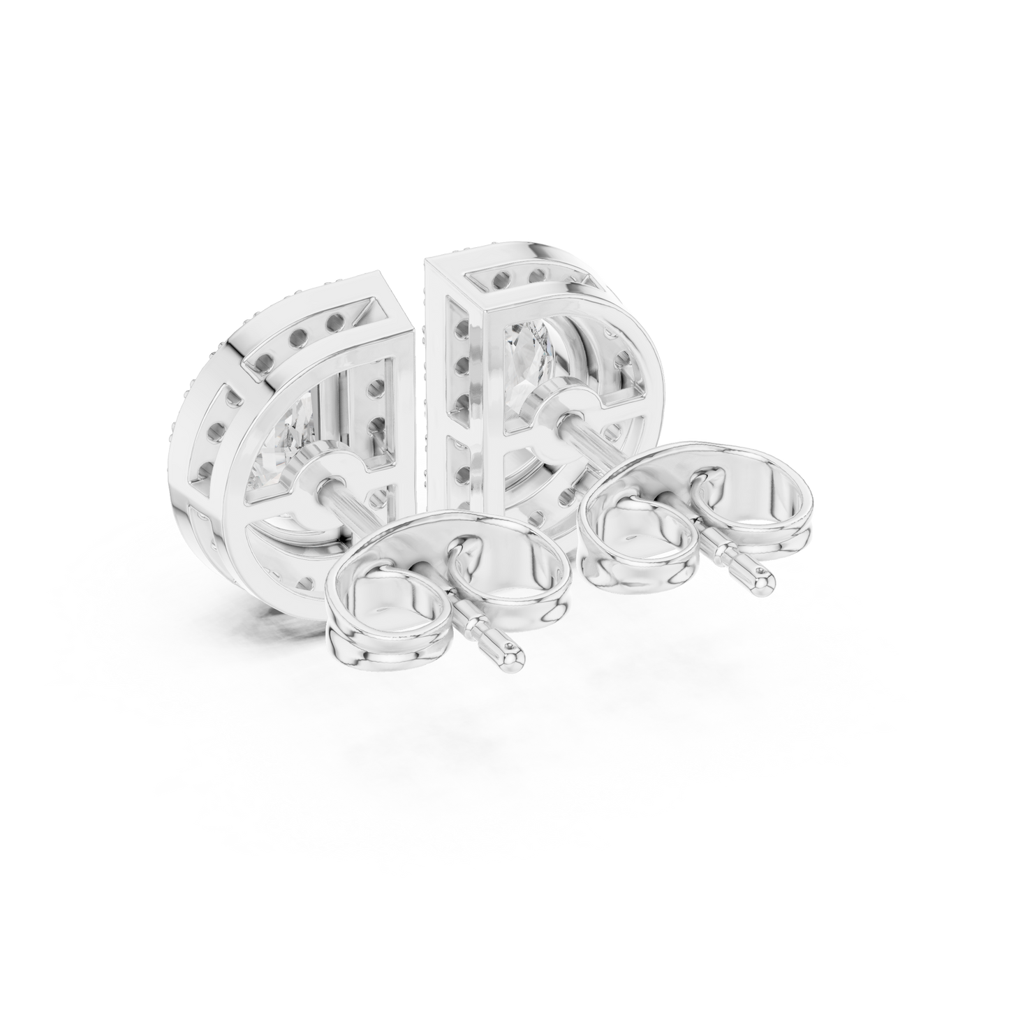 Half Moon Diamond Stud Earrings in 925 Sterling Silver | Luxury Halo Statement Studs | D-Shape Diamond Halo Stud Earrings | Modern Bridal Gold Earrings