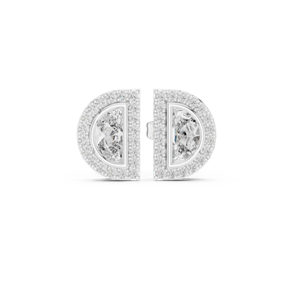 Half Moon Diamond Stud Earrings in 925 Sterling Silver | Luxury Halo Statement Studs | D-Shape Diamond Halo Stud Earrings | Modern Bridal Gold Earrings