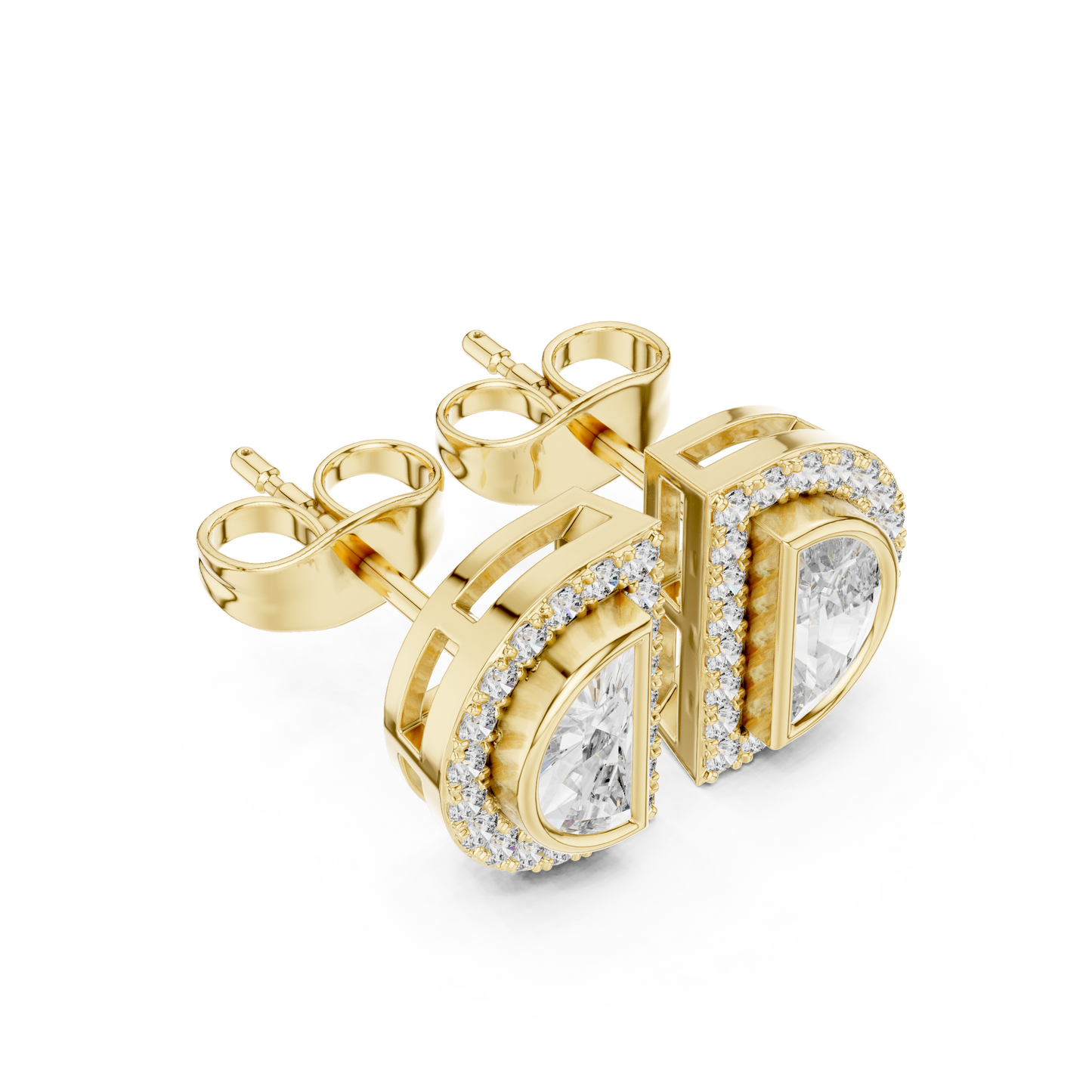 Half Moon Diamond Stud Earrings in 925 Sterling Silver | Luxury Halo Statement Studs | D-Shape Diamond Halo Stud Earrings | Modern Bridal Gold Earrings