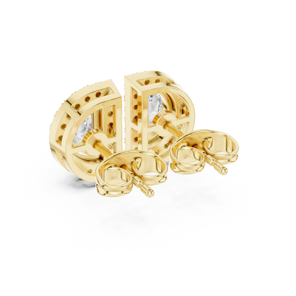 Half Moon Diamond Stud Earrings in 925 Sterling Silver | Luxury Halo Statement Studs | D-Shape Diamond Halo Stud Earrings | Modern Bridal Gold Earrings