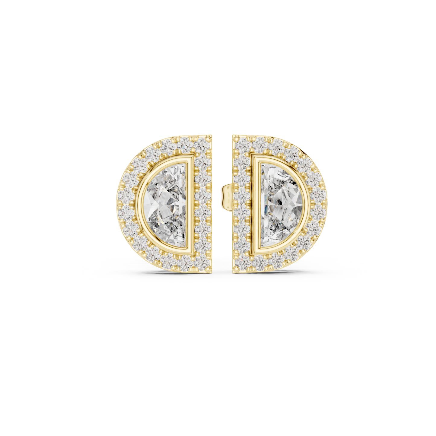 Half Moon Diamond Stud Earrings in 925 Sterling Silver | Luxury Halo Statement Studs | D-Shape Diamond Halo Stud Earrings | Modern Bridal Gold Earrings