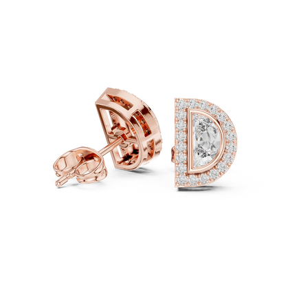 Half Moon Diamond Stud Earrings in 925 Sterling Silver | Luxury Halo Statement Studs | D-Shape Diamond Halo Stud Earrings | Modern Bridal Gold Earrings