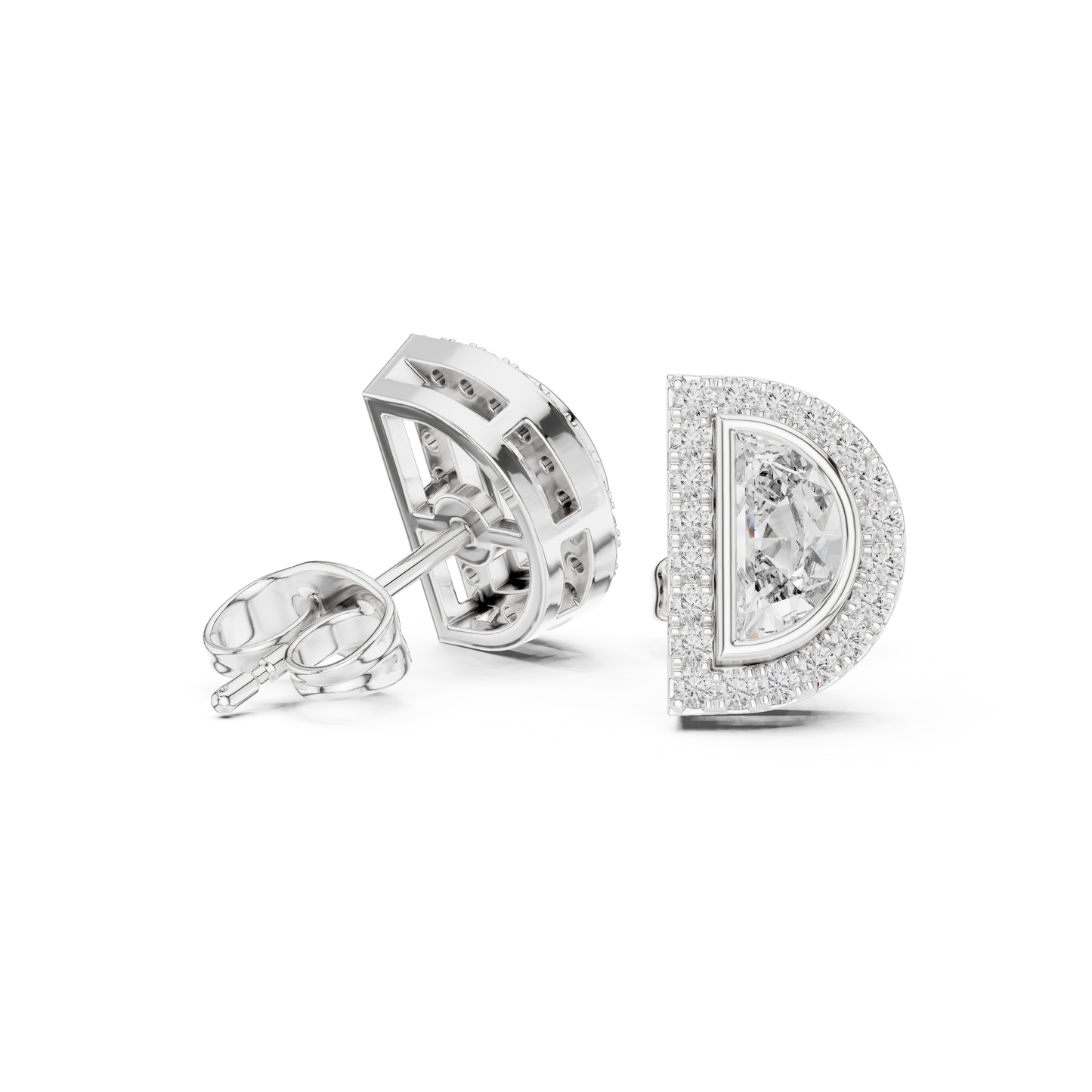 Half Moon Diamond Stud Earrings in 925 Sterling Silver | Luxury Halo Statement Studs | D-Shape Diamond Halo Stud Earrings | Modern Bridal Gold Earrings