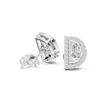 Half Moon Diamond Stud Earrings in 925 Sterling Silver | Luxury Halo Statement Studs | D-Shape Diamond Halo Stud Earrings | Modern Bridal Gold Earrings