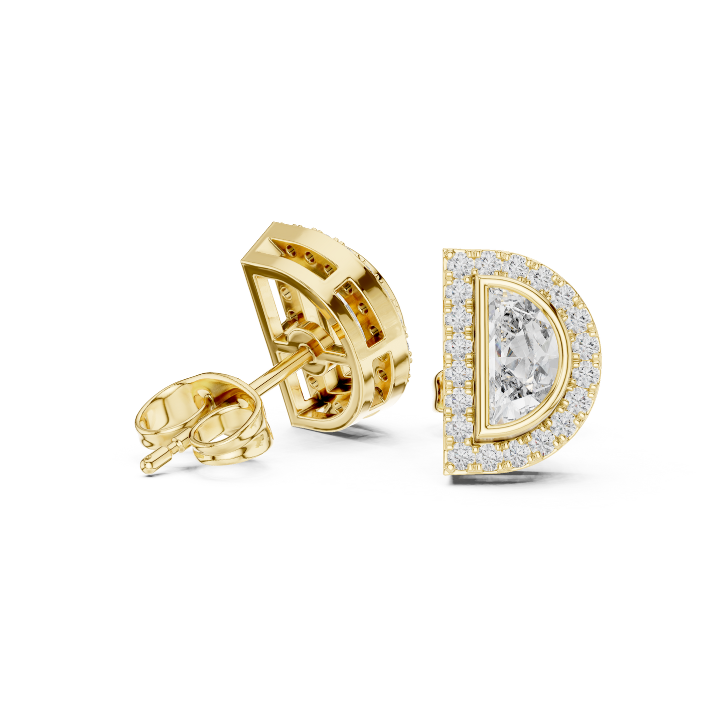 Half Moon Diamond Stud Earrings in 925 Sterling Silver | Luxury Halo Statement Studs | D-Shape Diamond Halo Stud Earrings | Modern Bridal Gold Earrings