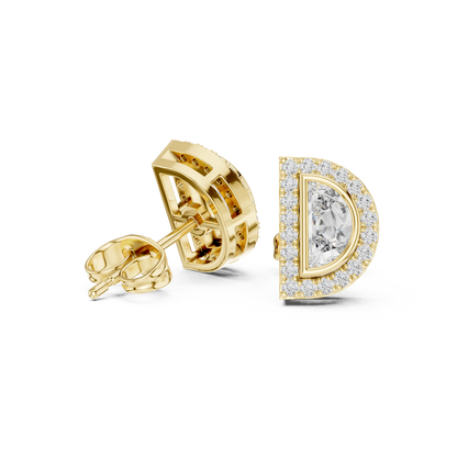 Half Moon Diamond Stud Earrings in 925 Sterling Silver | Luxury Halo Statement Studs | D-Shape Diamond Halo Stud Earrings | Modern Bridal Gold Earrings