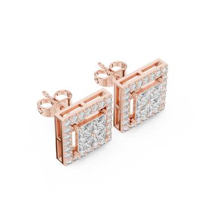 Princess Cut Halo Diamond Stud Earrings in Solid Gold | Luxury Square Bridal Studs | Moissanite Diamond Square Stud Earrings | Bridal Halo Studs in Silver Rose Plated