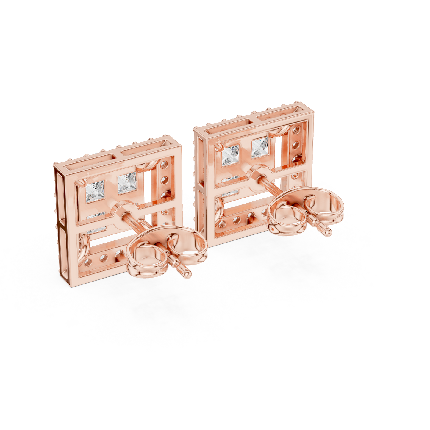 Princess Cut Halo Diamond Stud Earrings in Solid Gold | Luxury Square Bridal Studs | Moissanite Diamond Square Stud Earrings | Bridal Halo Studs in 14K Gold