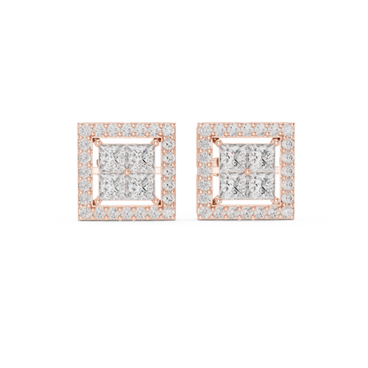 Princess Cut Halo Diamond Stud Earrings in Solid Gold | Luxury Square Bridal Studs | Moissanite Diamond Square Stud Earrings | Bridal Halo Studs in 14K Gold