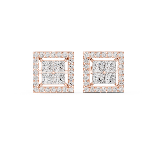 Princess Cut Halo Diamond Stud Earrings in Solid Gold | Luxury Square Bridal Studs | Moissanite Diamond Square Stud Earrings | Bridal Halo Studs in 14K Gold