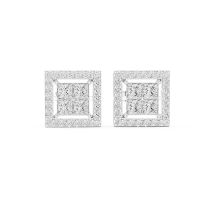 Princess Cut Halo Diamond Stud Earrings in Solid Gold | Luxury Square Bridal Studs | Moissanite Diamond Square Stud Earrings | Bridal Halo Studs in 14K Gold