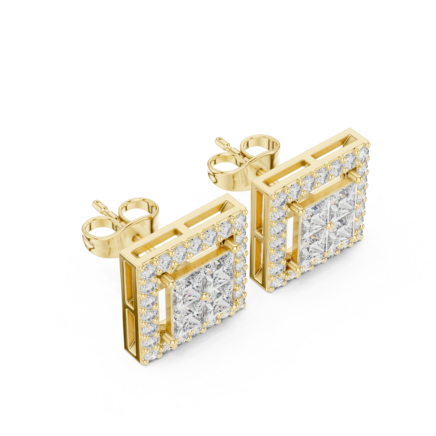 Princess Cut Halo Diamond Stud Earrings in Solid Gold | Luxury Square Bridal Studs | Moissanite Diamond Square Stud Earrings | Bridal Halo Studs in 14K Gold