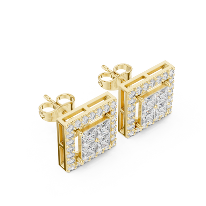 Princess Cut Halo Diamond Stud Earrings in Solid Gold | Luxury Square Bridal Studs | Moissanite Diamond Square Stud Earrings | Bridal Halo Studs in 14K Gold