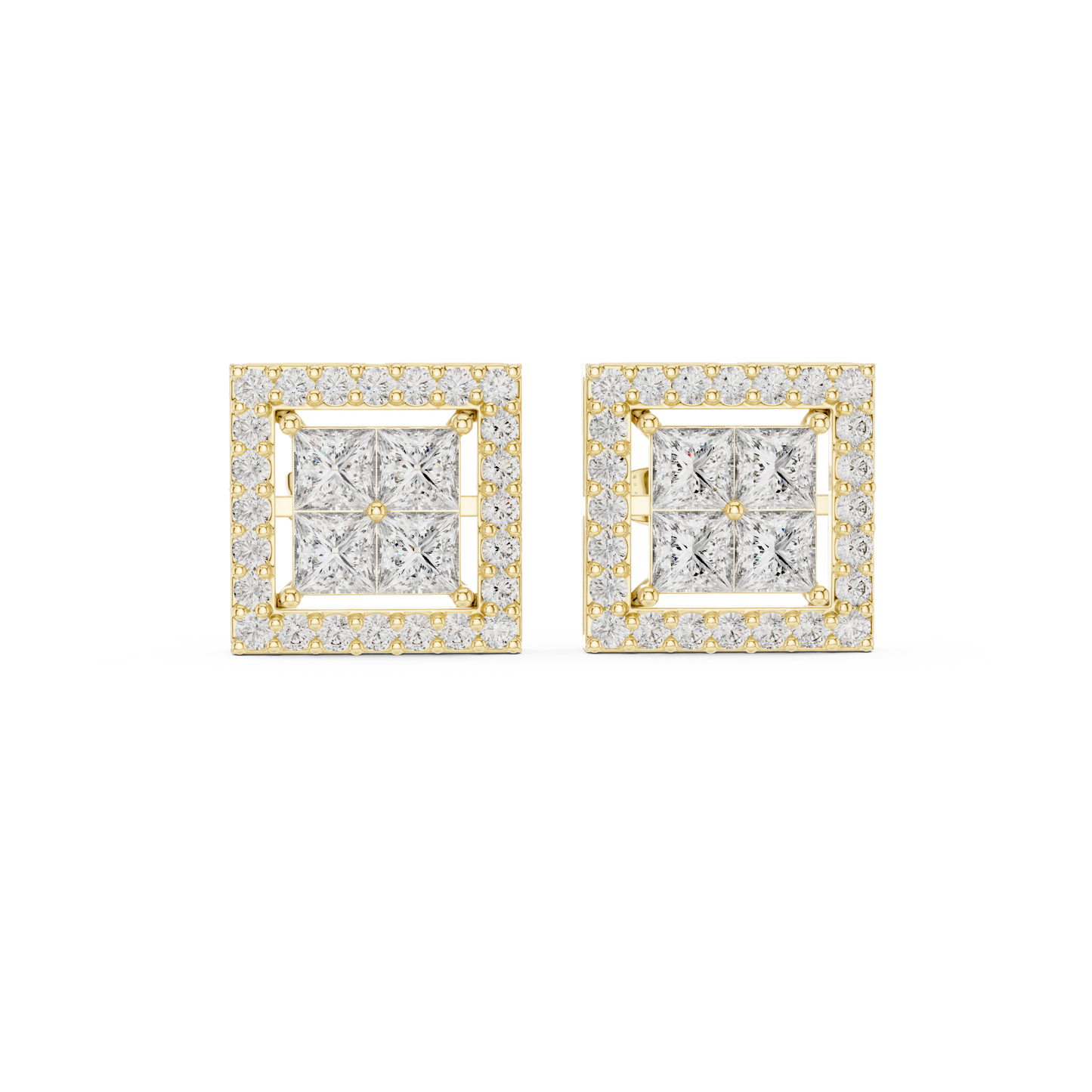 Princess Cut Halo Diamond Stud Earrings in Solid Gold | Luxury Square Bridal Studs | Moissanite Diamond Square Stud Earrings | Bridal Halo Studs in 14K Gold
