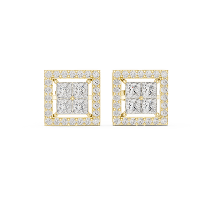 Princess Cut Halo Diamond Stud Earrings in Solid Gold | Luxury Square Bridal Studs | Moissanite Diamond Square Stud Earrings | Bridal Halo Studs in 14K Gold