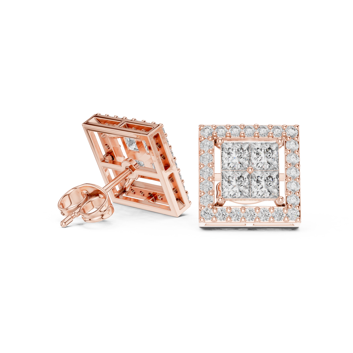 Princess Cut Halo Diamond Stud Earrings in Solid Gold | Luxury Square Bridal Studs | Moissanite Diamond Square Stud Earrings | Bridal Halo Studs in 14K Gold