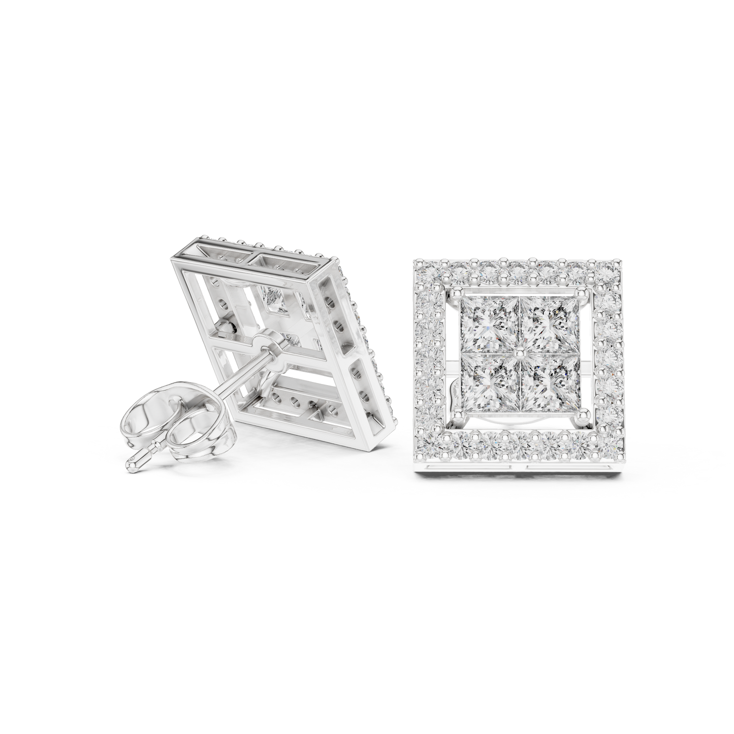 Princess Cut Halo Diamond Stud Earrings in Solid Gold | Luxury Square Bridal Studs | Moissanite Diamond Square Stud Earrings | Bridal Halo Studs in 14K Gold