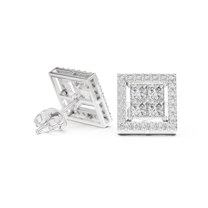 Princess Cut Halo Diamond Stud Earrings in Solid Gold | Luxury Square Bridal Studs | Moissanite Diamond Square Stud Earrings | Bridal Halo Studs in 14K Gold