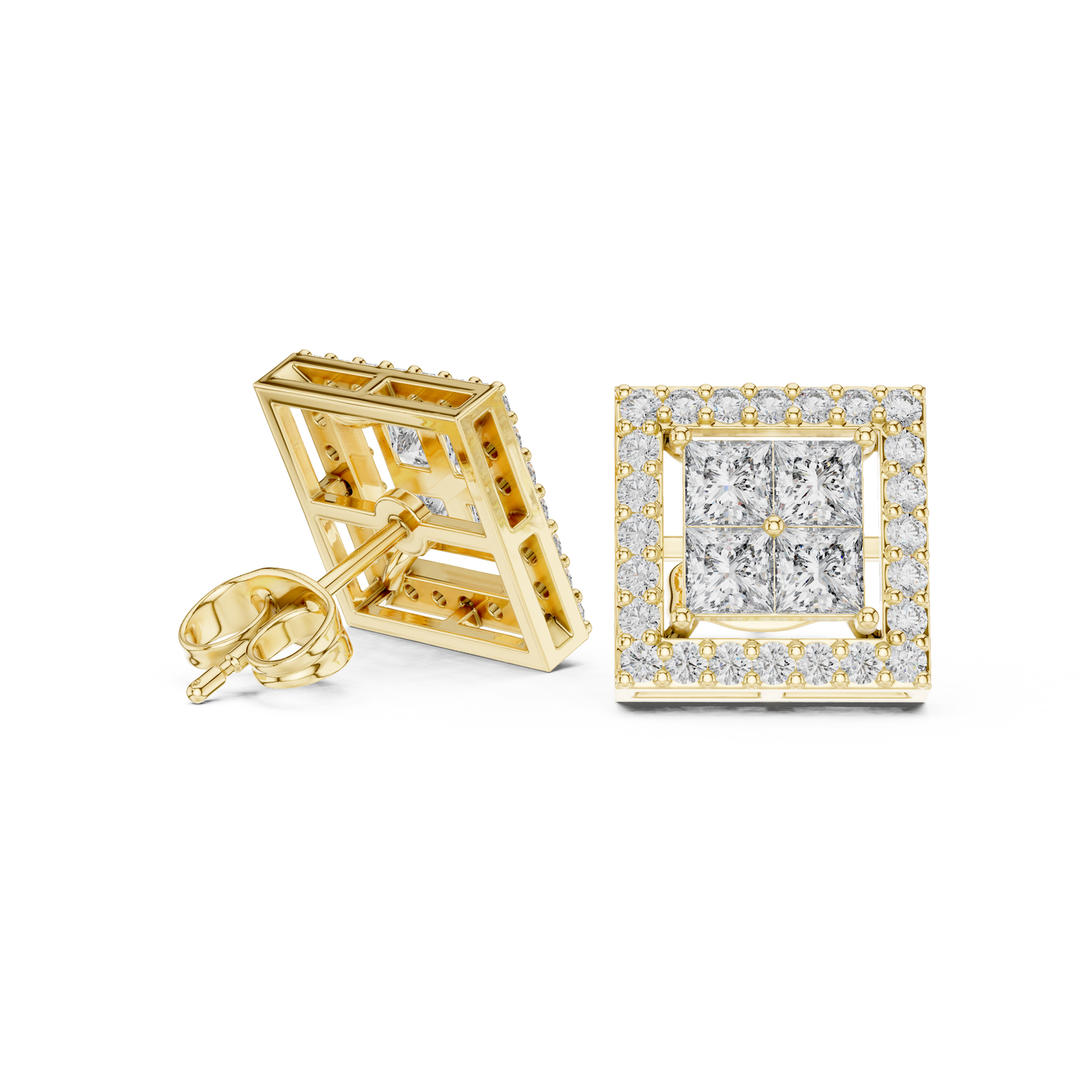 Princess Cut Halo Diamond Stud Earrings in Solid Gold | Luxury Square Bridal Studs | Moissanite Diamond Square Stud Earrings | Bridal Halo Studs in 14K Gold