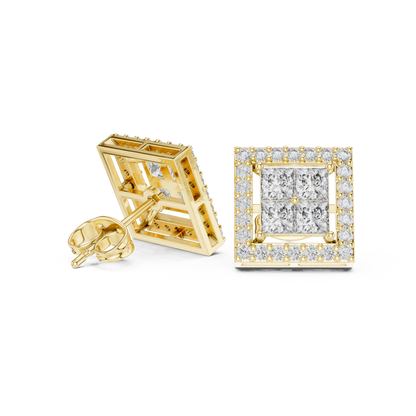 Princess Cut Halo Diamond Stud Earrings in Solid Gold | Luxury Square Bridal Studs | Moissanite Diamond Square Stud Earrings | Bridal Halo Studs in 14K Gold