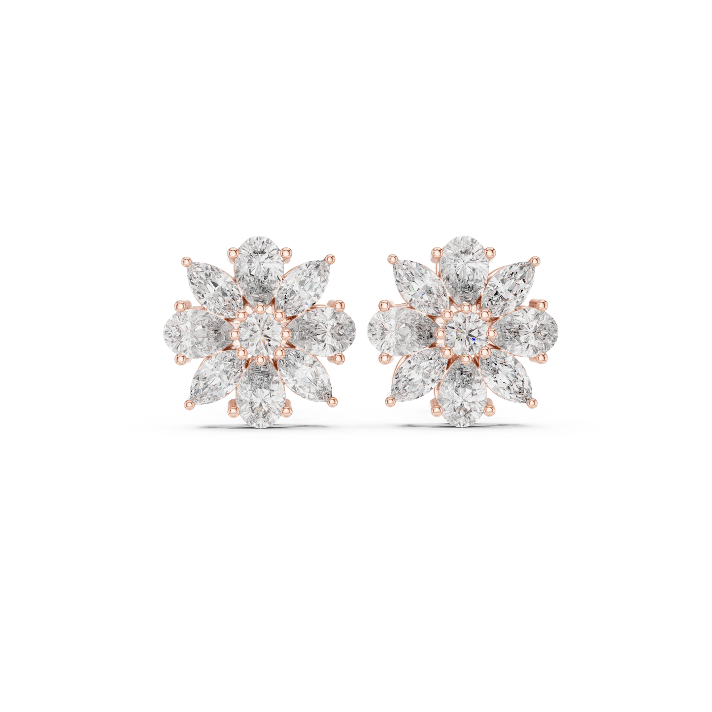 8-Petal Diamond Flower Studs – Marquise Stone Cluster Earrings –Anniversary Gift for Her