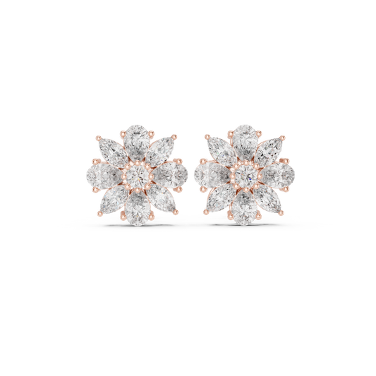 8-Petal Diamond Flower Studs – Marquise Stone Cluster Earrings –Anniversary Gift for Her