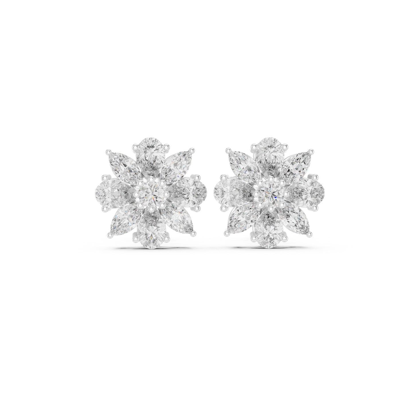 8-Petal Diamond Flower Studs – Marquise Stone Cluster Earrings –Anniversary Gift for Her