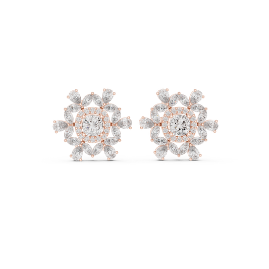 Blushing Rose Diamond Earrings | Floral Cluster Halo | Romantic Bridal Studs |  Statement Studs