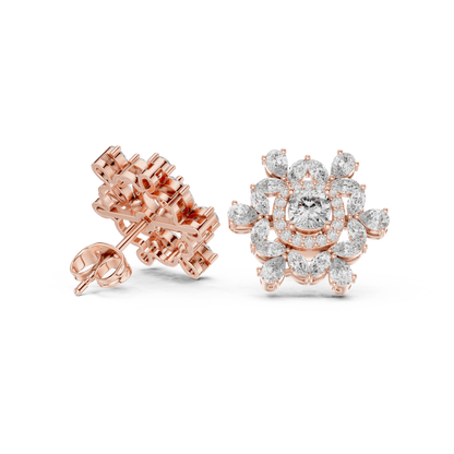 Blushing Rose Diamond Earrings | Floral Cluster Halo | Romantic Bridal Studs |  Statement Studs