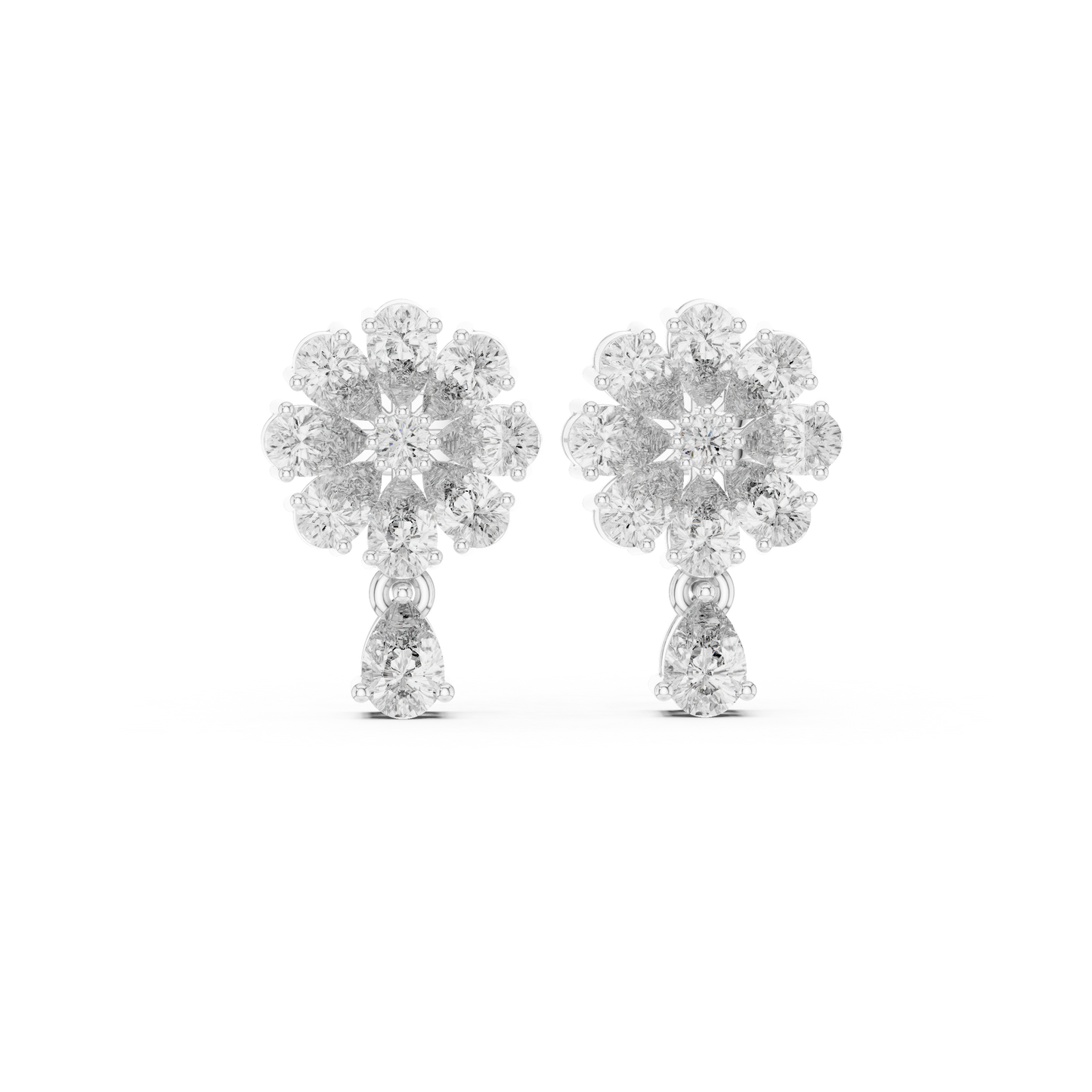 Designer Cluster Diamond Studs | Floral-Inspired Multi-Cut Stones | Pear Drop Accent | Romantic Gift for Wife