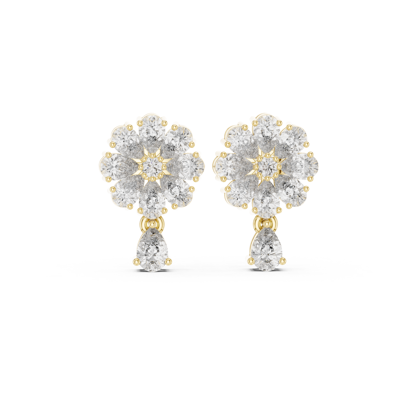 Designer Cluster Diamond Studs | Floral-Inspired Multi-Cut Stones | Pear Drop Accent | Romantic Gift for Wife