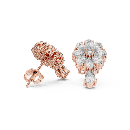 Designer Cluster Diamond Studs | Floral-Inspired Multi-Cut Stones | Pear Drop Accent | Romantic Gift for Wife