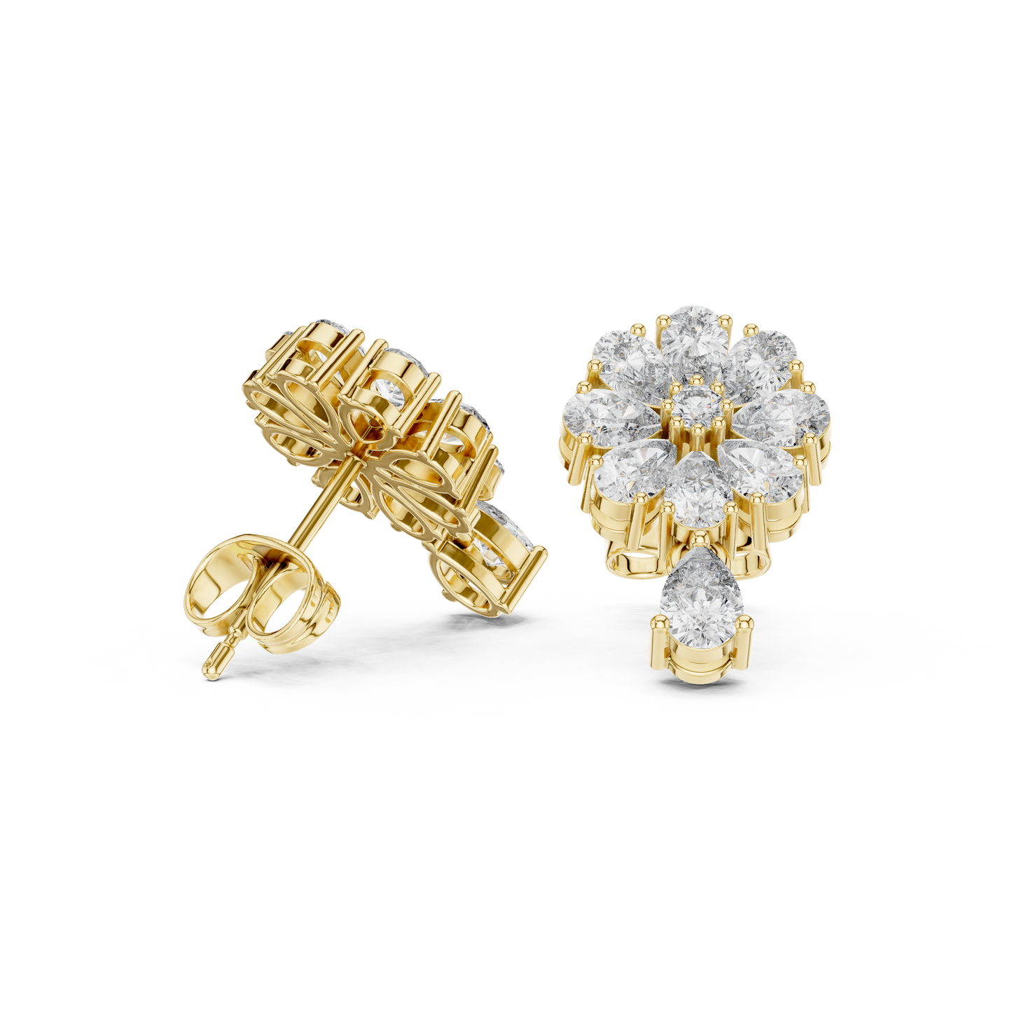 Designer Cluster Diamond Studs | Floral-Inspired Multi-Cut Stones | Pear Drop Accent | Romantic Gift for Wife