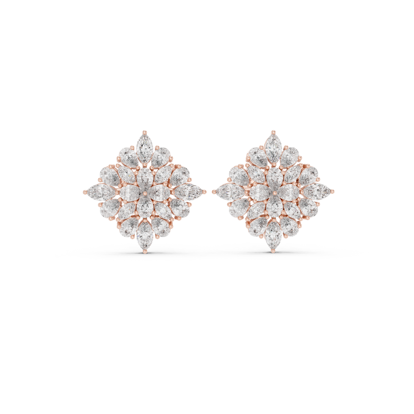 Chrysanthemum Diamond Cluster Studs – Gold Floral Marquise Earrings, Bridal Fine Jewelry
