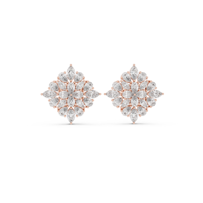 Chrysanthemum Diamond Cluster Studs – Gold Floral Marquise Earrings, Bridal Fine Jewelry