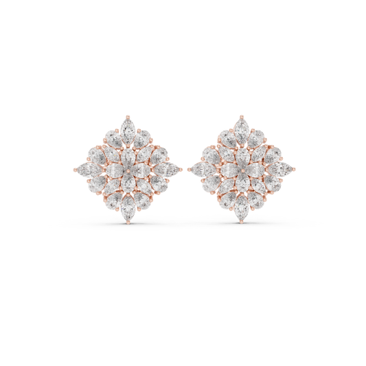 Chrysanthemum Diamond Cluster Studs – Gold Floral Marquise Earrings, Bridal Fine Jewelry