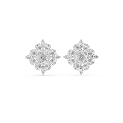 Chrysanthemum Diamond Cluster Studs – Gold Floral Marquise Earrings, Bridal Fine Jewelry