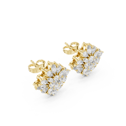 Chrysanthemum Diamond Cluster Studs – Gold Floral Marquise Earrings, Bridal Fine Jewelry
