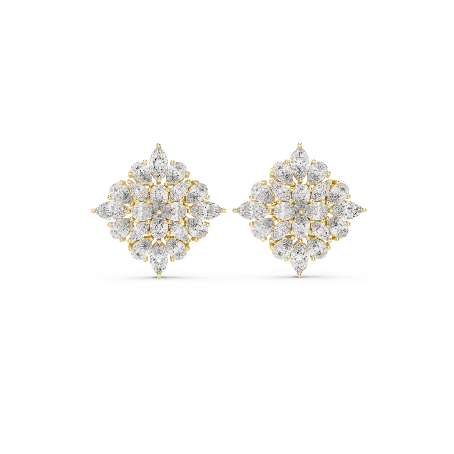 Chrysanthemum Diamond Cluster Studs – Gold Floral Marquise Earrings, Bridal Fine Jewelry