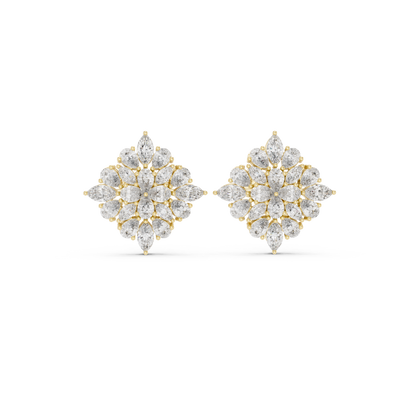 Chrysanthemum Diamond Cluster Studs – Gold Floral Marquise Earrings, Bridal Fine Jewelry