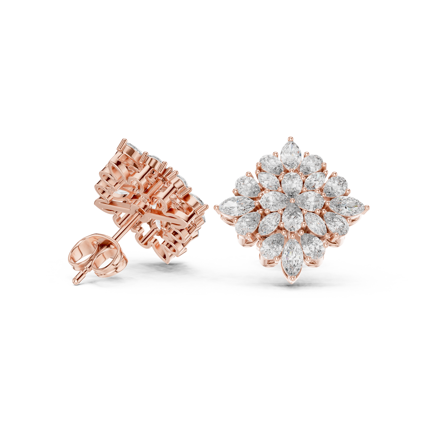 Chrysanthemum Diamond Cluster Studs – Gold Floral Marquise Earrings, Bridal Fine Jewelry