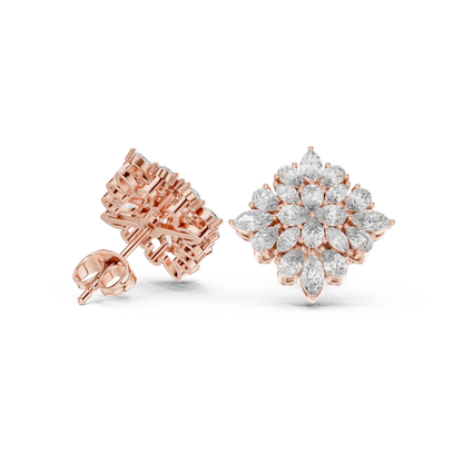 Chrysanthemum Diamond Cluster Studs – Gold Floral Marquise Earrings, Bridal Fine Jewelry