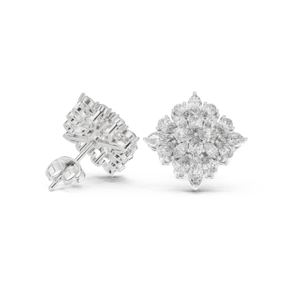 Chrysanthemum Diamond Cluster Studs – Gold Floral Marquise Earrings, Bridal Fine Jewelry