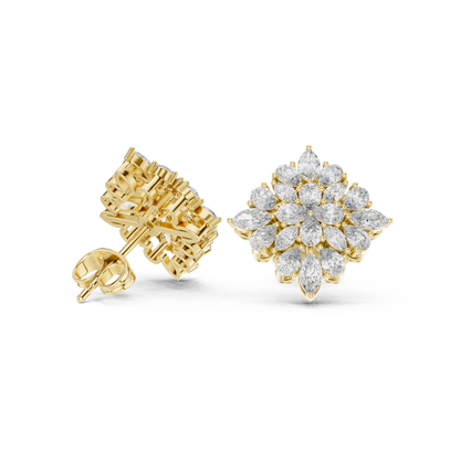 Chrysanthemum Diamond Cluster Studs – Gold Floral Marquise Earrings, Bridal Fine Jewelry