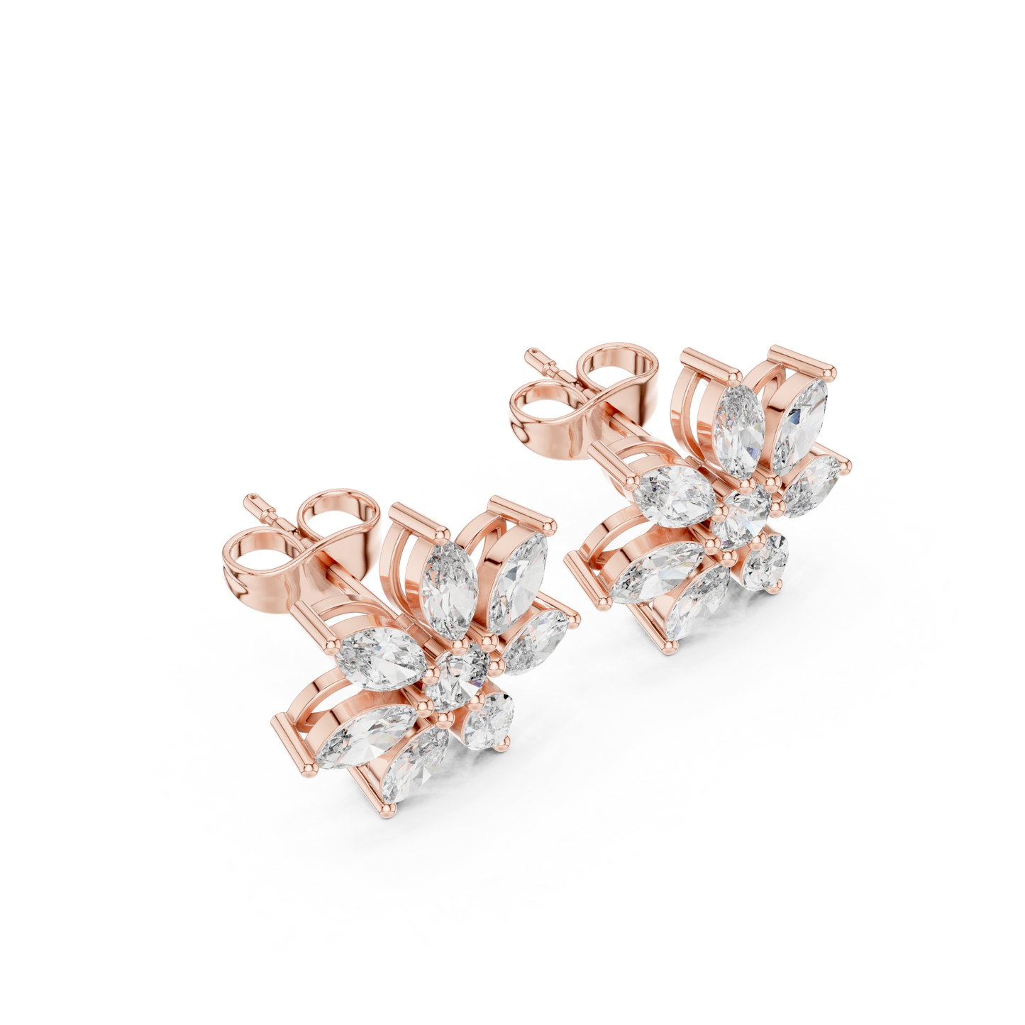 Photon Flare Diamond Petal Studs • Marquise Floral Cluster • High-Intensity Gold Sparkle