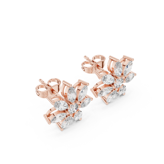 PhotonFlare Diamond Petal Studs • Marquise Floral Cluster • High-Intensity Gold Sparkle